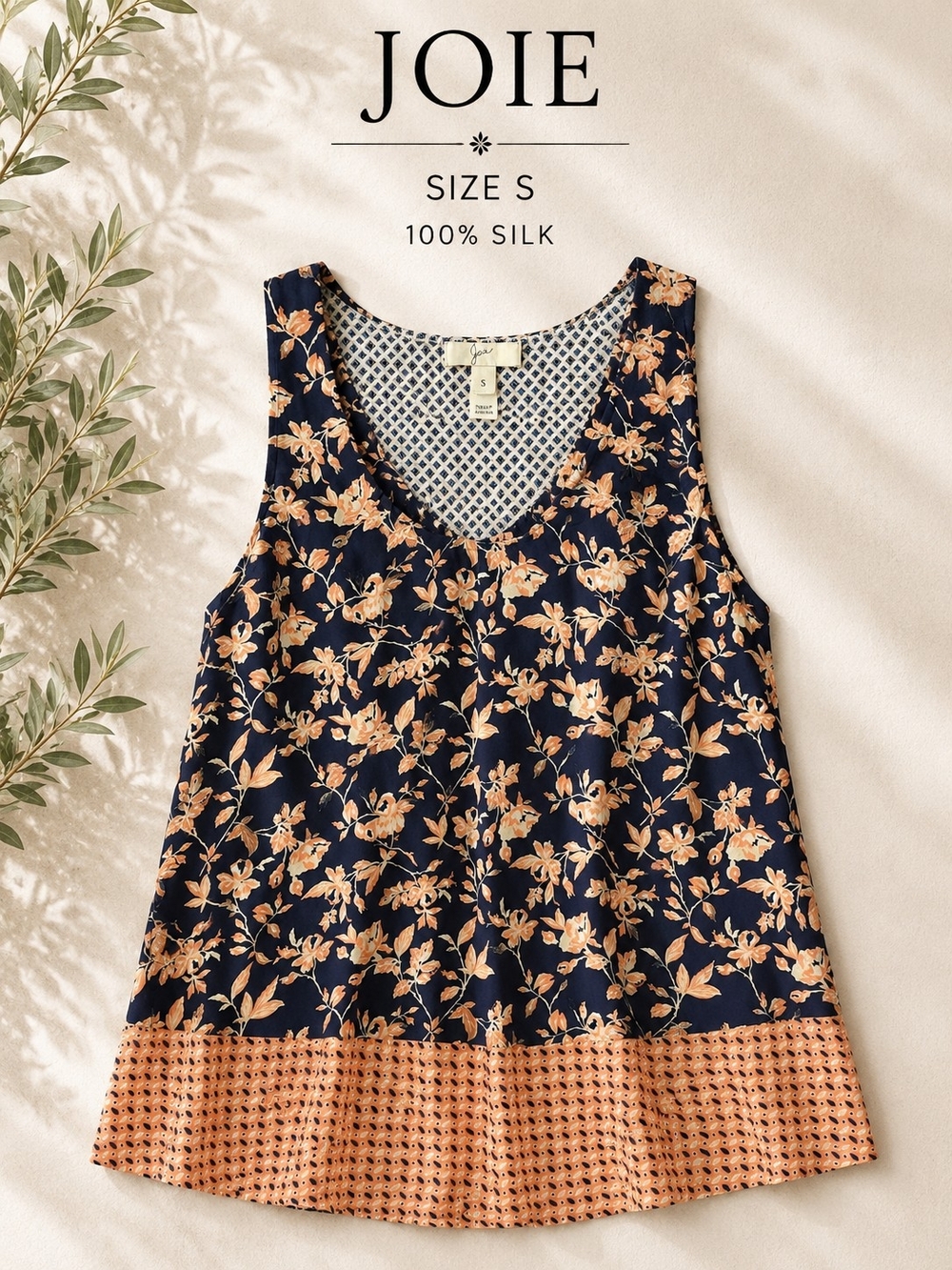 Joie 100% Silk Navy Floral Mixed Print Scoop Neck Top Size S